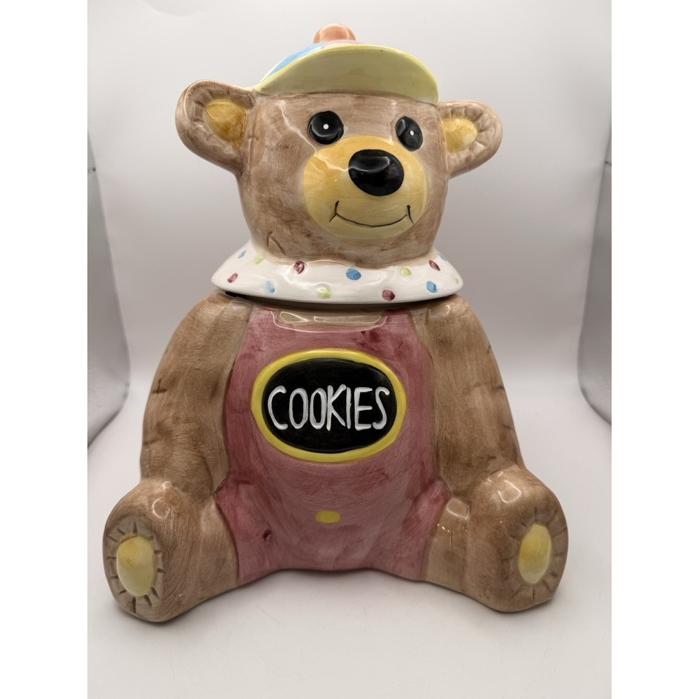 Vintage Bear Cookie Jar – Colorful Ceramic – "COOKIES" Label
